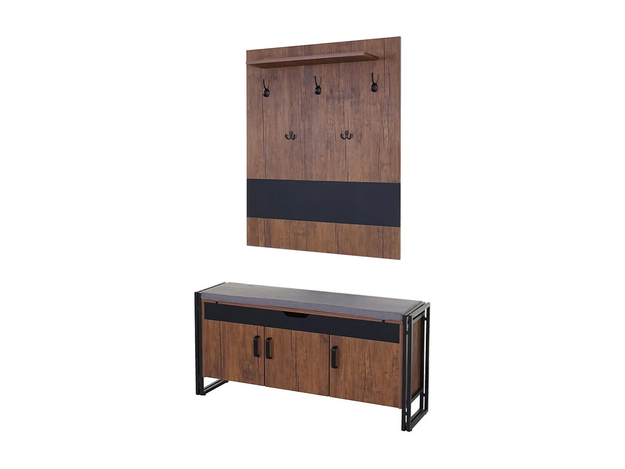 Portemanteau mural + banquette HWC-A27, 53x110x30cm, aspect chêne