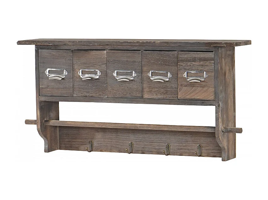 Portemanteau mural, étagère 5 tiroirs, 65x13x32cm, shabby chic, vintage - marron