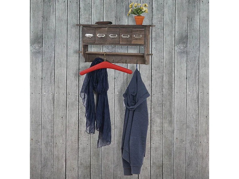 Portemanteau mural, étagère 5 tiroirs, 65x13x32cm, shabby chic, vintage - marron