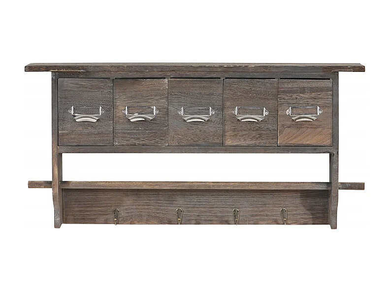 Portemanteau mural, étagère 5 tiroirs, 65x13x32cm, shabby chic, vintage - marron