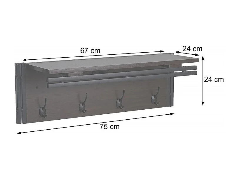 Porte-manteau mural HWC-A27, étagère porte-manteau, 4 crochets 24x75x24cm structure 3D - marron foncé