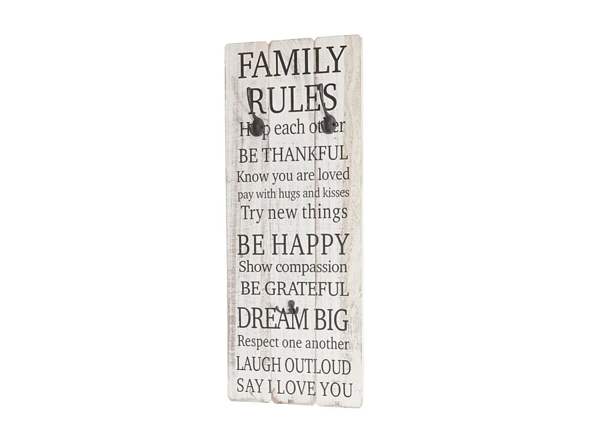 Garde-robe murale Family Rules, planche vestiaire, style shabby, vintage avec 3 crochets, 76x31cm