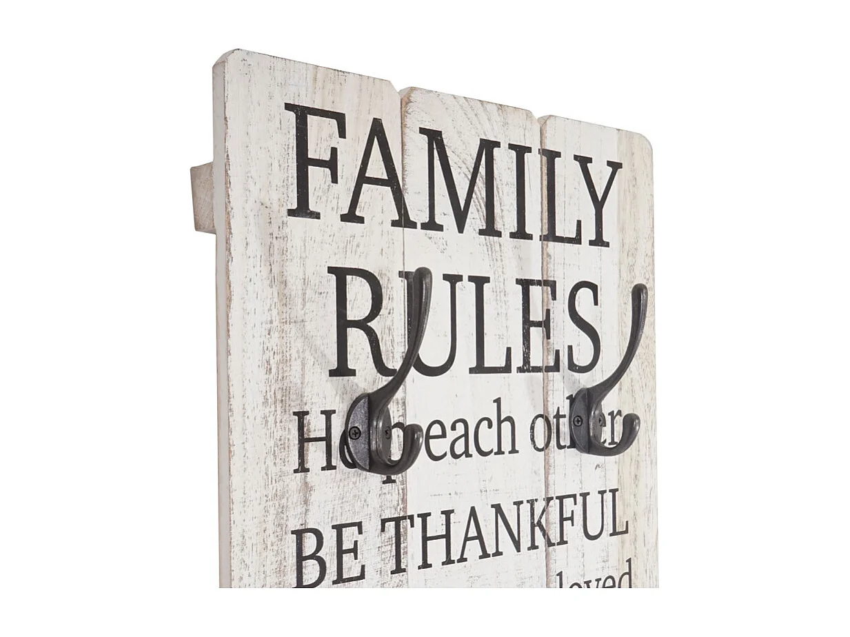 Garde-robe murale Family Rules, planche vestiaire, style shabby, vintage avec 3 crochets, 76x31cm