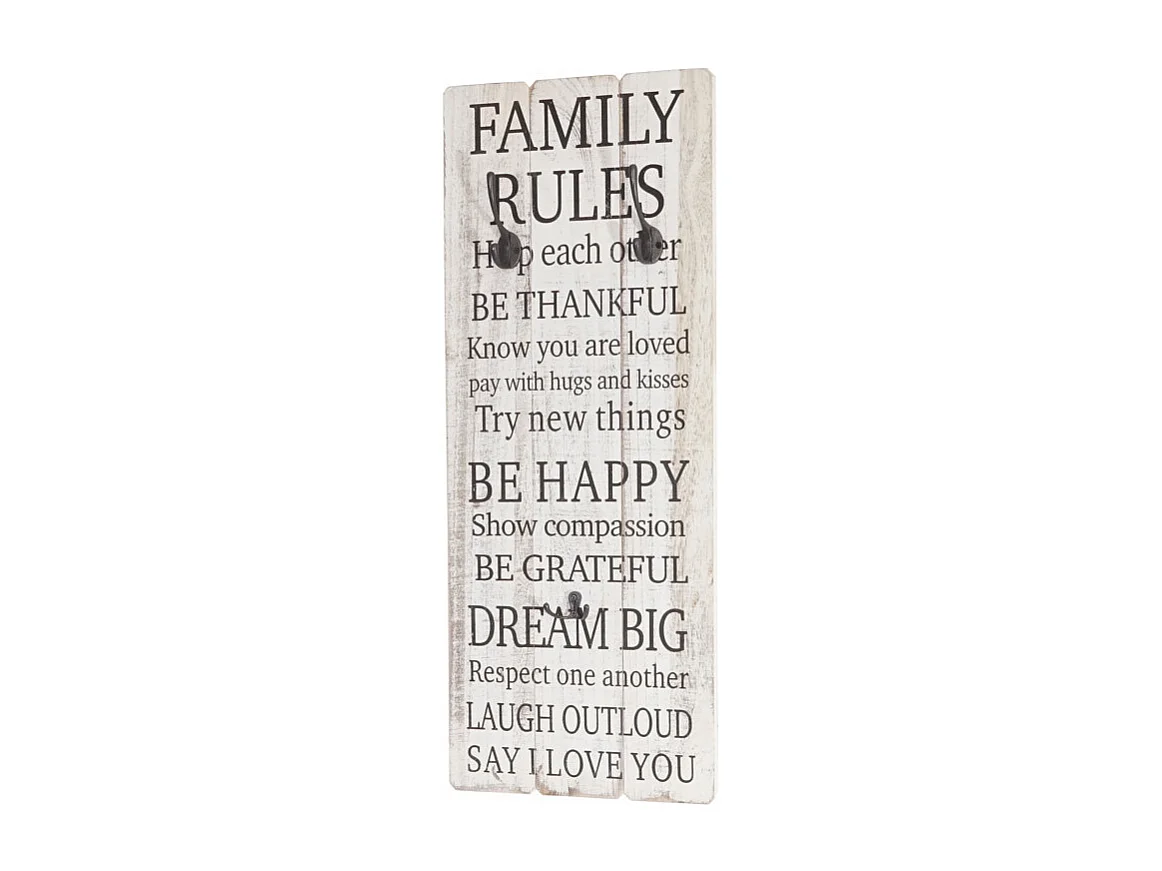 Garde-robe murale Family Rules, planche vestiaire, style shabby, vintage avec 3 crochets, 76x31cm