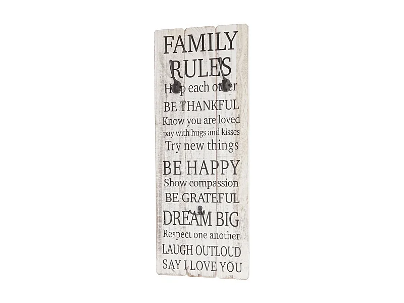 Garde-robe murale Family Rules, planche vestiaire, style shabby, vintage avec 3 crochets, 76x31cm