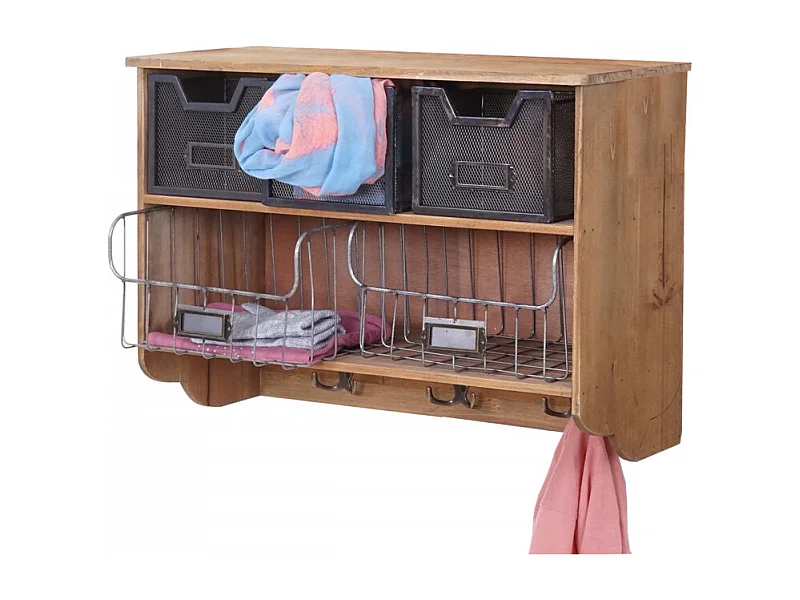 Garderobe murale HWC-A43, étagère, bois de sapin, vintage, patchwork 42x60x24cm