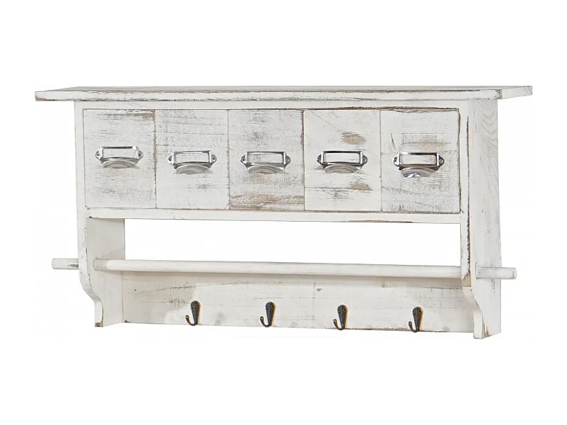 Portemanteau mural, étagère 5 tiroirs, 65x13x32cm, shabby chic, vintage - blanc