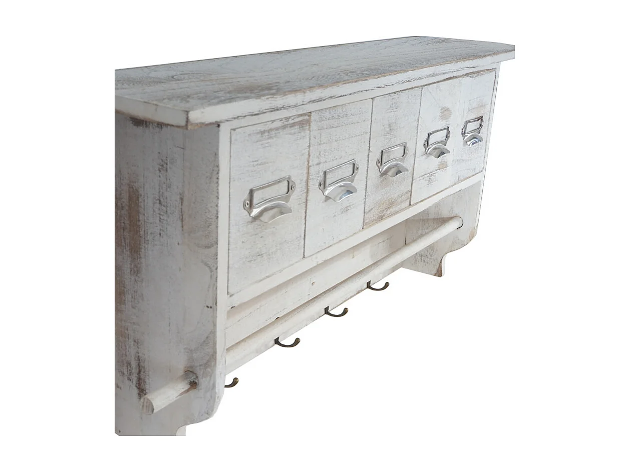 Portemanteau mural, étagère 5 tiroirs, 65x13x32cm, shabby chic, vintage - blanc