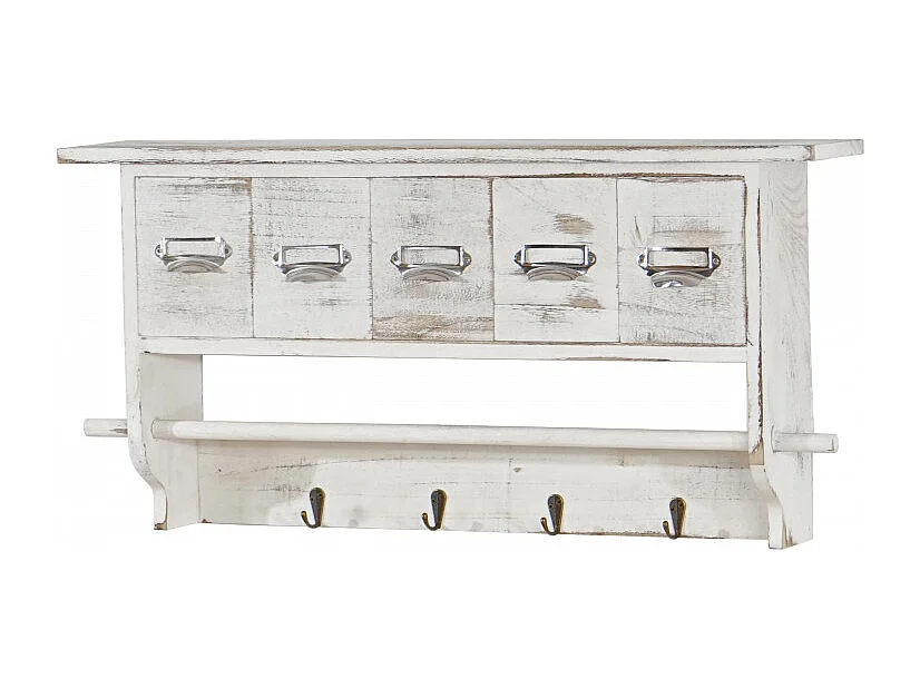 Portemanteau mural, étagère 5 tiroirs, 65x13x32cm, shabby chic, vintage - blanc