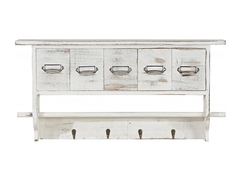 Portemanteau mural, étagère 5 tiroirs, 65x13x32cm, shabby chic, vintage - blanc