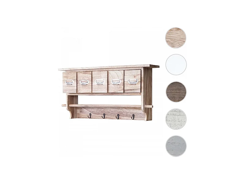 Portemanteau mural, étagère 5 tiroirs, 65x13x32cm, shabby chic, vintage - gris