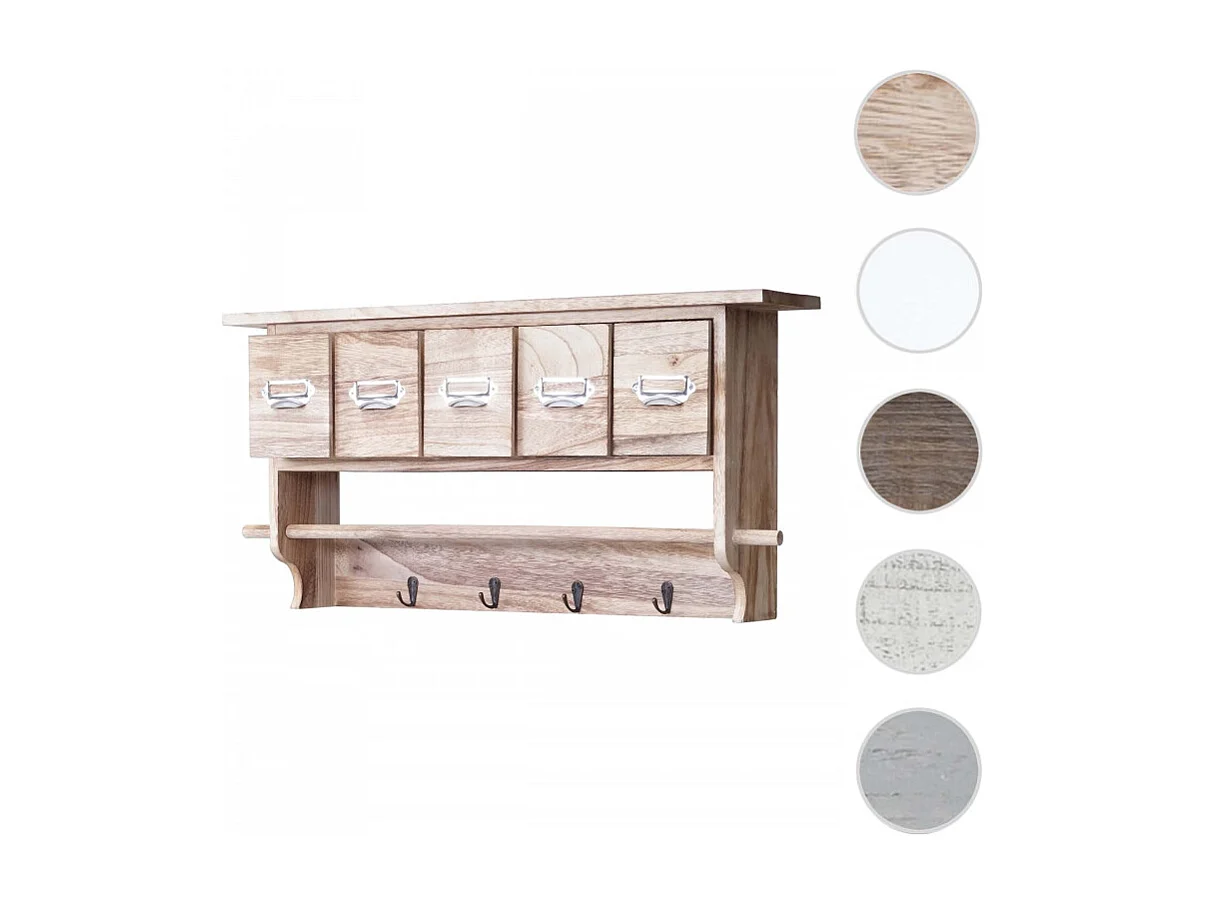 Portemanteau mural, étagère 5 tiroirs, 65x13x32cm, shabby chic, vintage - gris