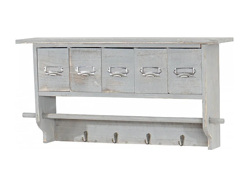 Portemanteau mural, étagère 5 tiroirs, 65x13x32cm, shabby chic, vintage - gris
