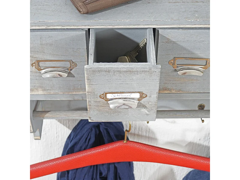 Portemanteau mural, étagère 5 tiroirs, 65x13x32cm, shabby chic, vintage - gris