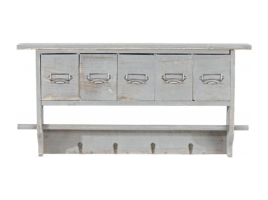 Portemanteau mural, étagère 5 tiroirs, 65x13x32cm, shabby chic, vintage - gris