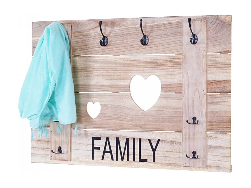 Garderobe murale HWC-C89 Family, planche vestiaire, vintage, 8 crochets 60x90cm - brun naturel