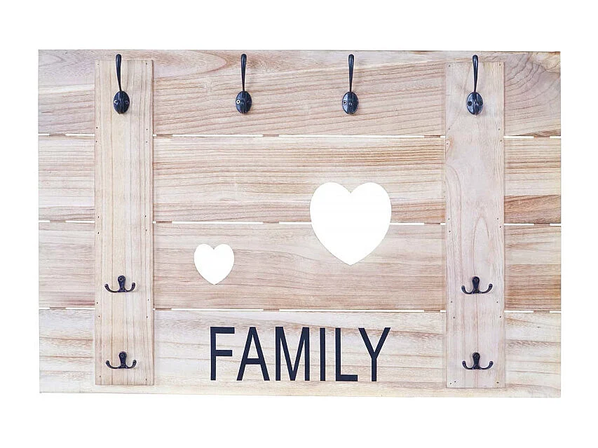 Garderobe murale HWC-C89 Family, planche vestiaire, vintage, 8 crochets 60x90cm - brun naturel