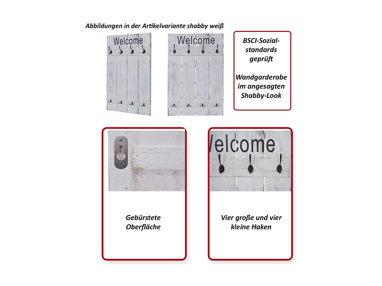 Garderobe murale HWC-C89 Welcome, planche vestiaire, style shabby chic, vintage, 91x60cm ~ gris fonc