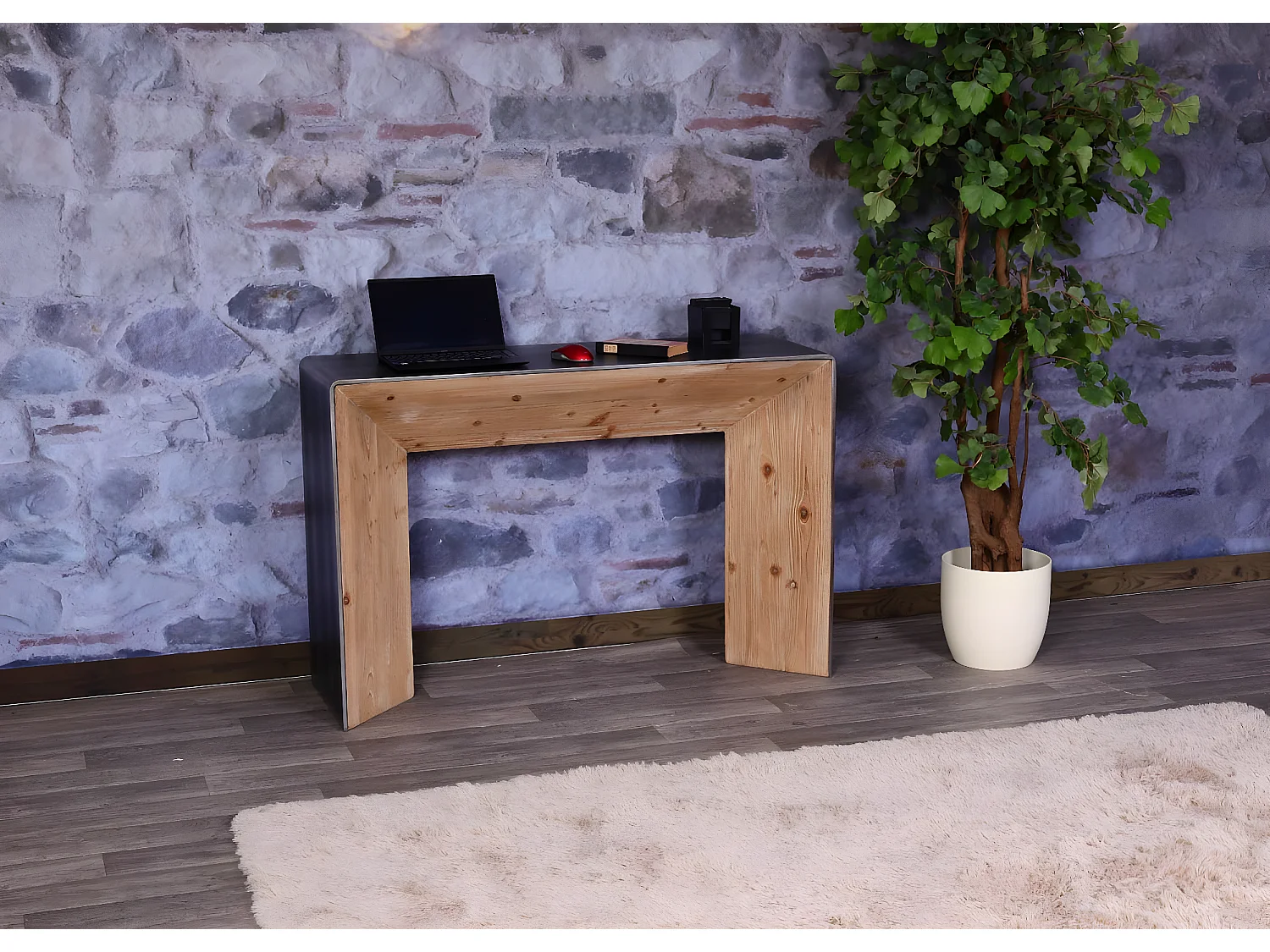 Table console HWC-L76 - table de téléphone table d'appoint - bois massif industriel MVG - 80x120x40cm naturel avec aspect métal