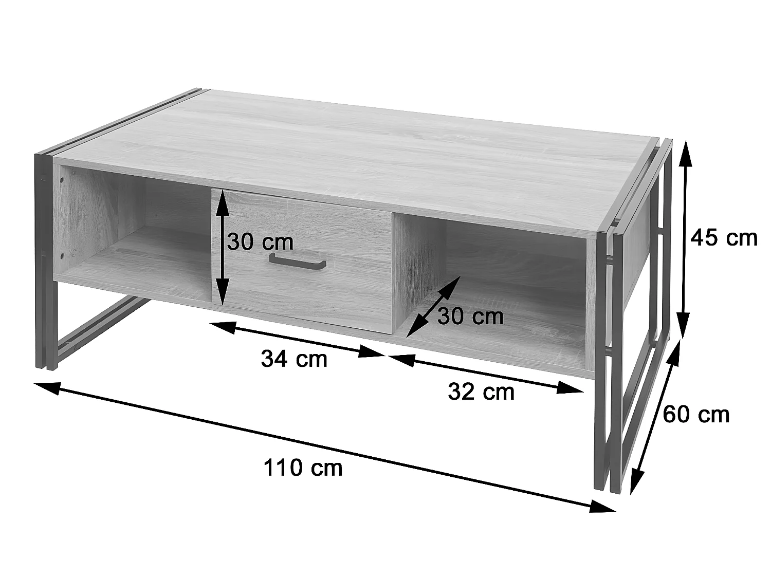 Table basse HWC-A27b, Table d'appoint structure 3D, 45x150x60cm MVG-certifié, métal ~ aspect chêne s