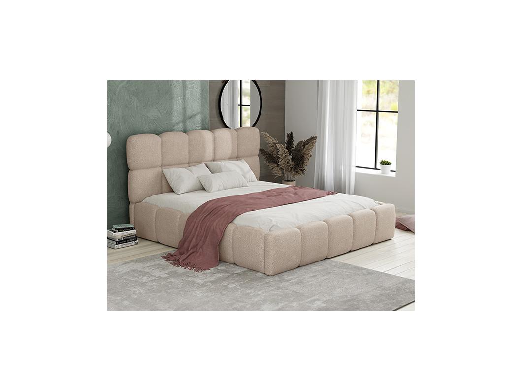 Bett mit Bettkasten & Bettkopfteil + Matratze - Bouclé-Stoff - 140 x 190 cm - Beige - DAMADO von Pascal Morabito