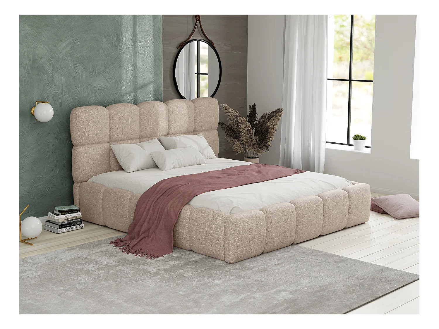 Lit coffre 160 x 200 cm - Tissu bouclette - Beige + Matelas - DAMADO de Pascal Morabito