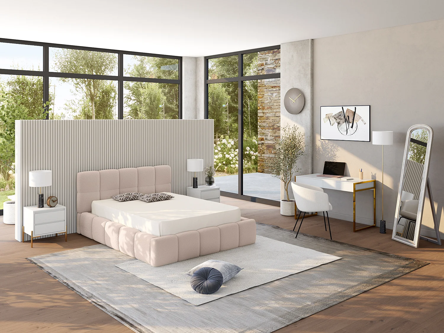 Lit coffre 160 x 200 cm - Tissu bouclette - Beige + Matelas - DAMADO de Pascal Morabito