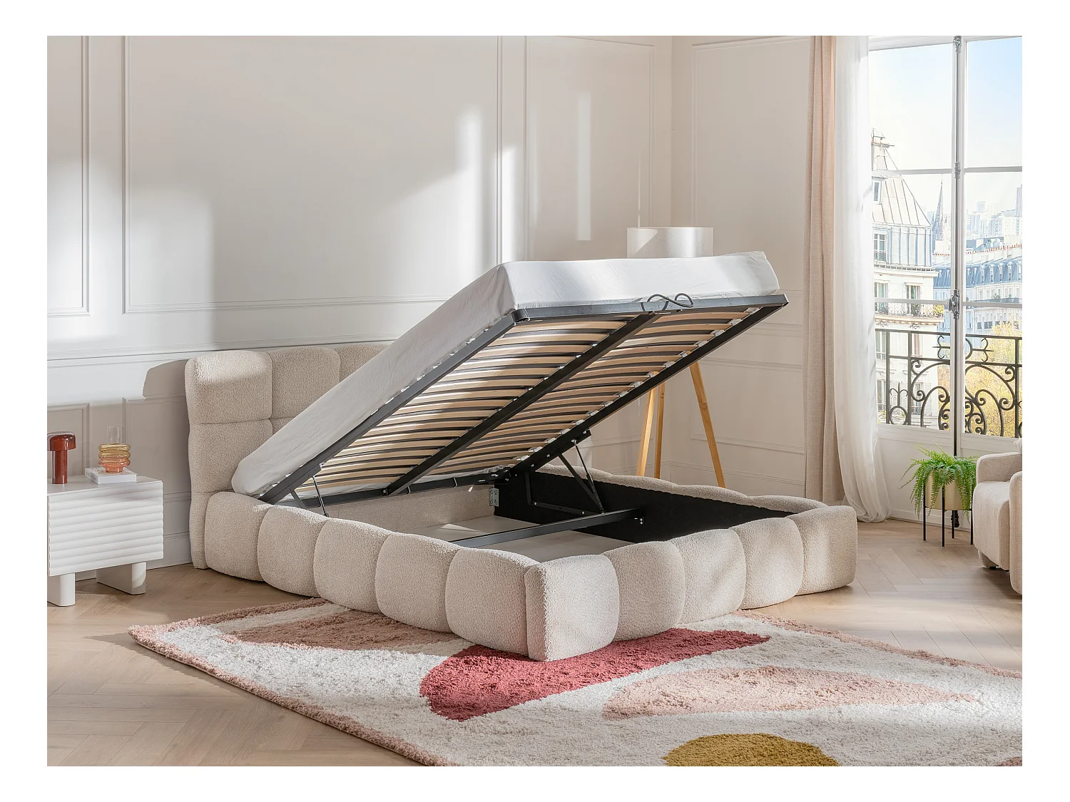 Lit coffre 160 x 200 cm - Tissu bouclette - Beige + Matelas - DAMADO de Pascal Morabito