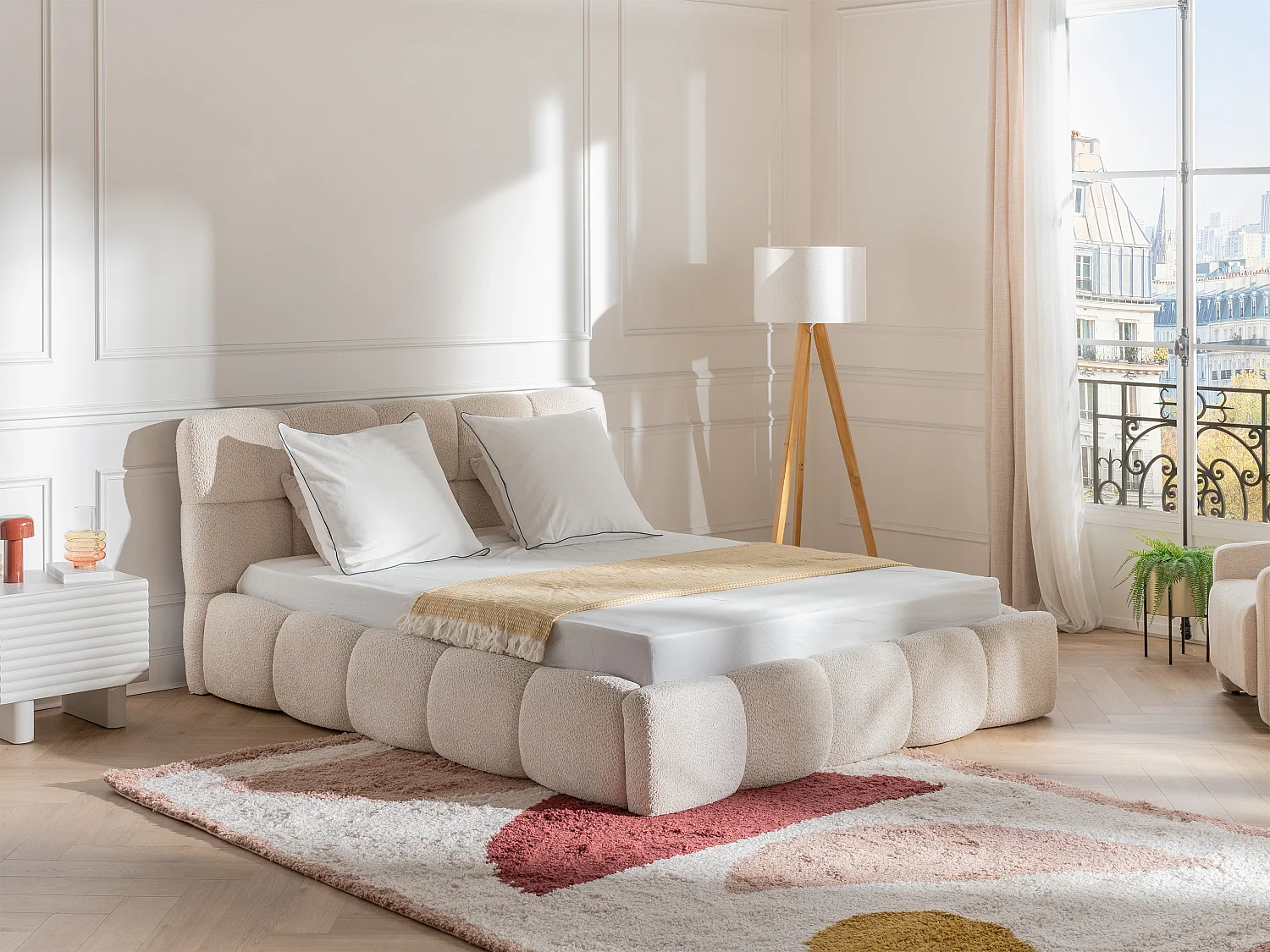 Lit coffre 160 x 200 cm - Tissu bouclette - Beige + Matelas - DAMADO de Pascal Morabito