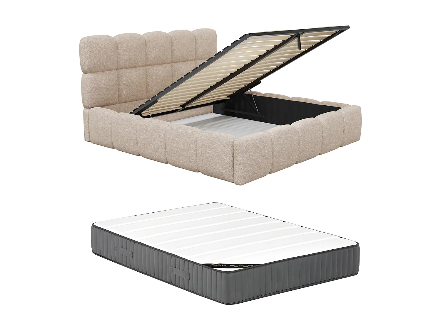 Lit coffre 180 x 200 cm - Tissu bouclette - Beige + Matelas - DAMADO de Pascal Morabito