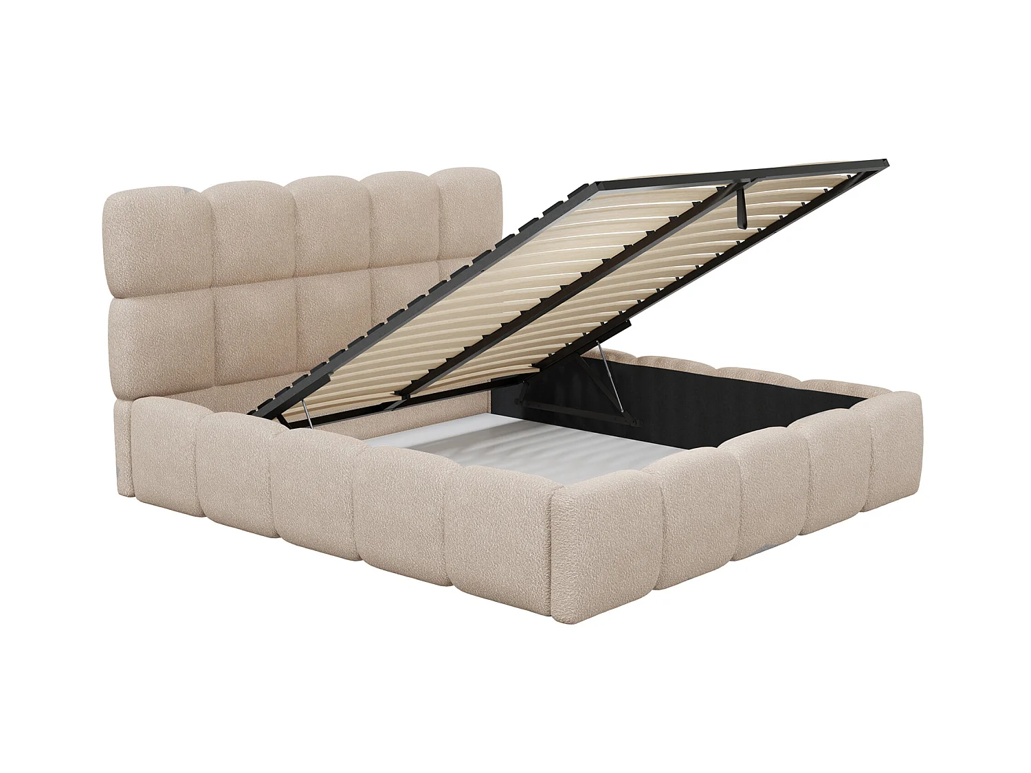 Bett mit Bettkasten & Bettkopfteil + Matratze - Bouclé-Stoff - 180 x 200 cm - Beige - DAMADO von Pascal Morabito