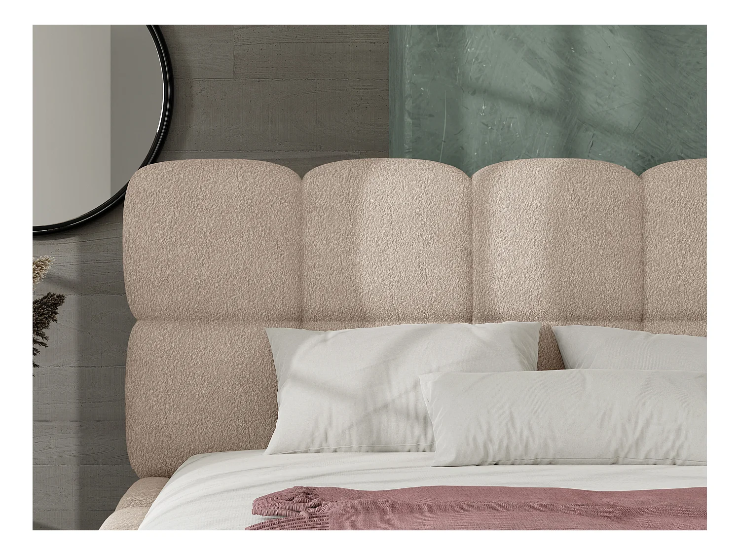 Bett mit Bettkasten & Bettkopfteil + Matratze - Bouclé-Stoff - 180 x 200 cm - Beige - DAMADO von Pascal Morabito