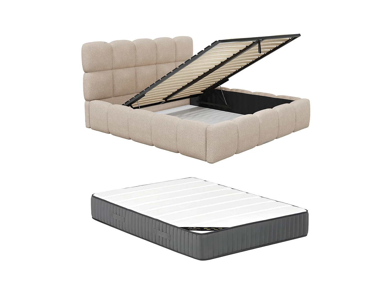 Bett mit Bettkasten & Bettkopfteil + Matratze - Bouclé-Stoff - 180 x 200 cm - Beige - DAMADO von Pascal Morabito