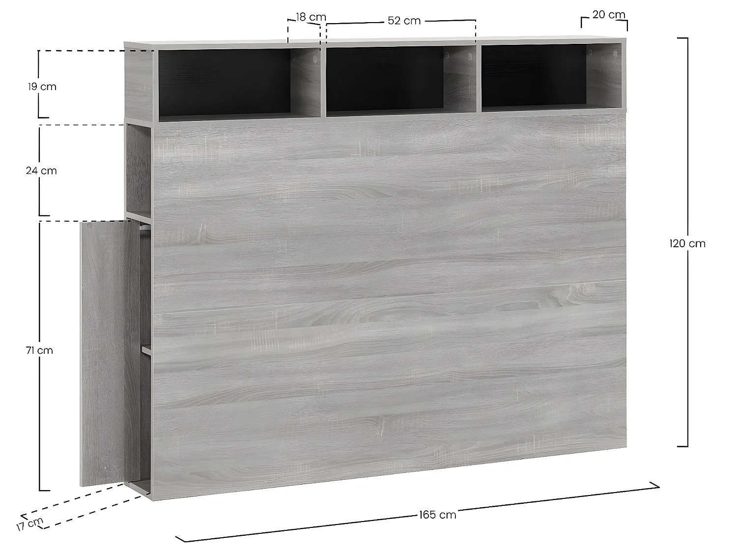 Hoofdeinde Bed Zeus 165 cm met opbergruimte Eiken, 2 Deuren 9 Vakken