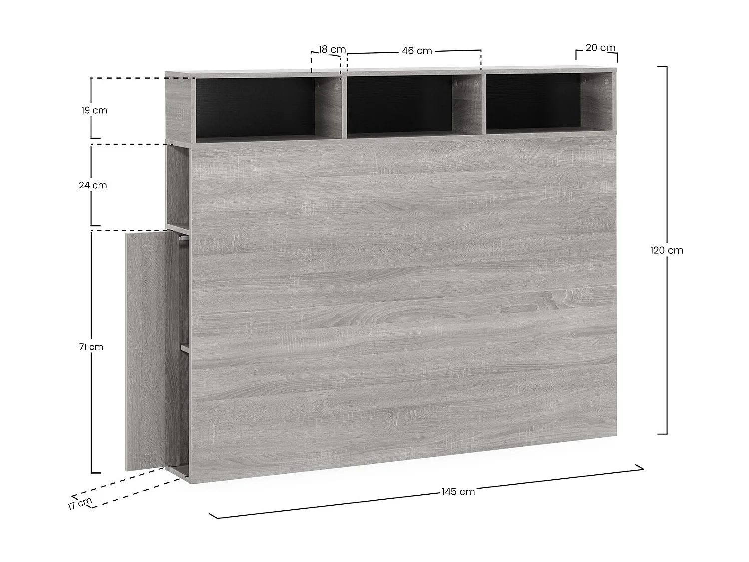 Bedhoofd Zeus 145 cm met opbergruimte Eiken, 2 deuren 9 vakken
