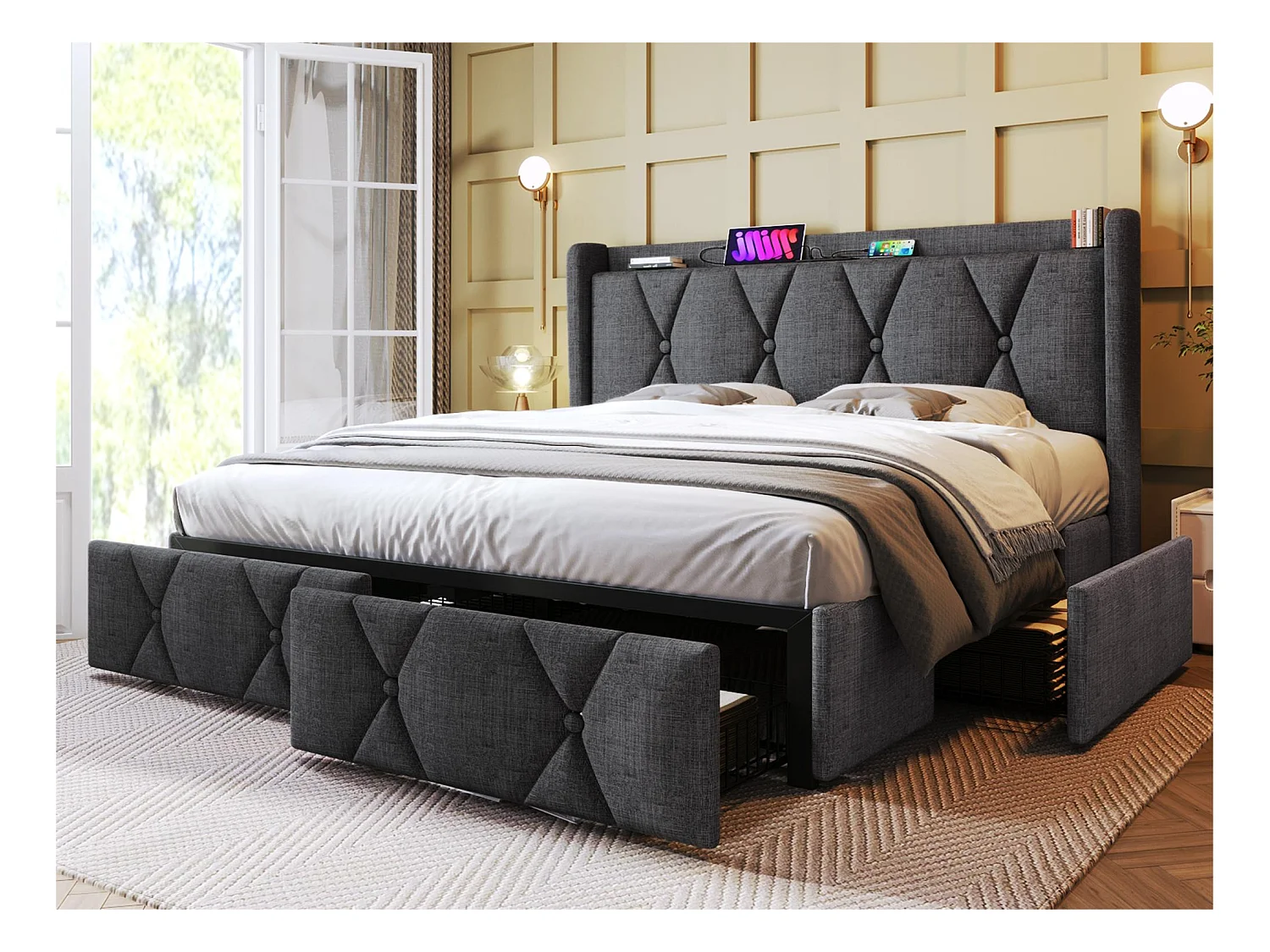 Gewatteerd linnen bed 140x200cm - met 4 laden en USB-oplaadpoorten - Grijs (matras niet inbegrepen)