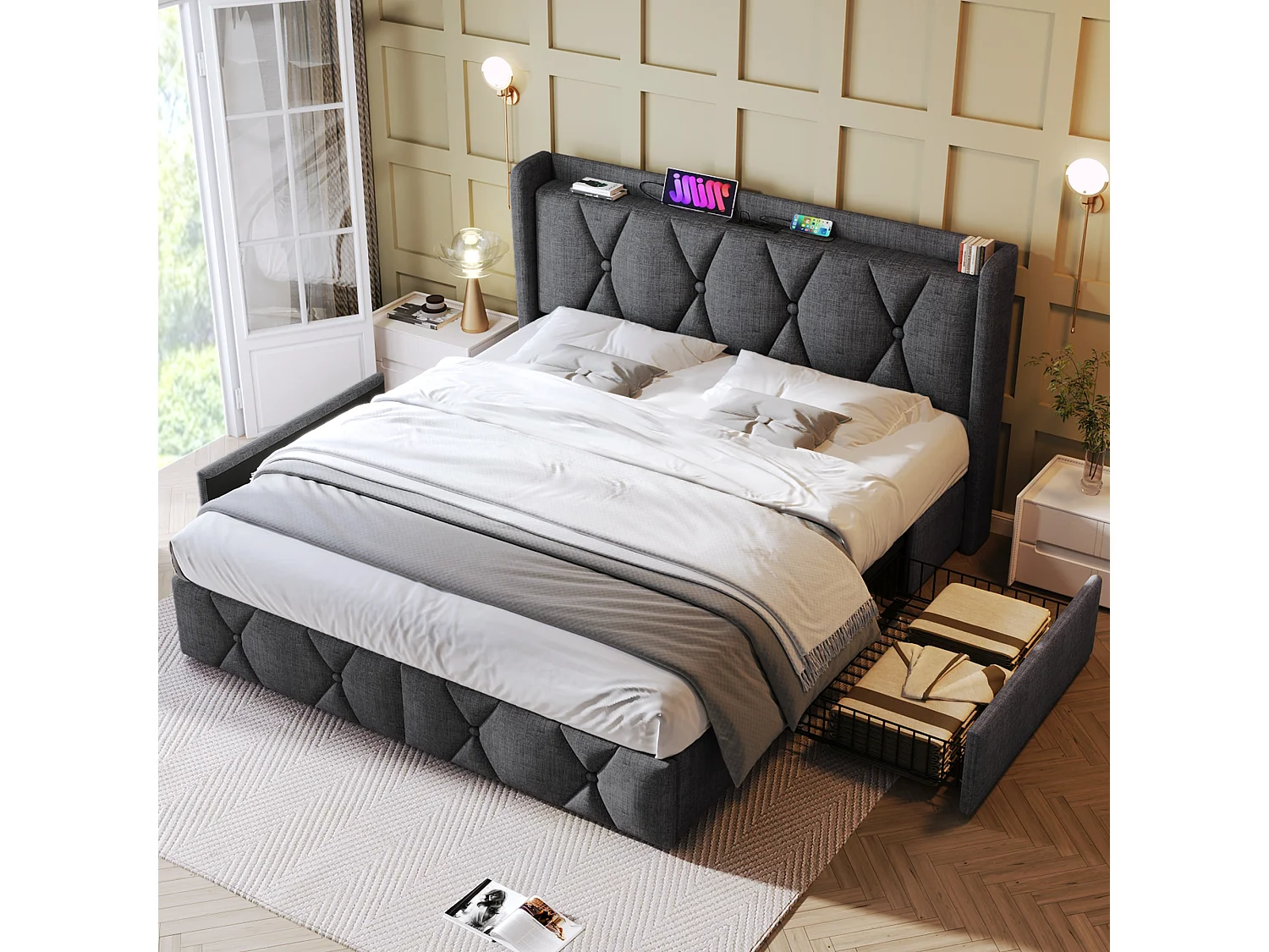 Lit double renbourré 140x200cm en lin avec 4 tiroirs et ports de recharge USB - sommier à lattes - Gris (matelas non inclus)
