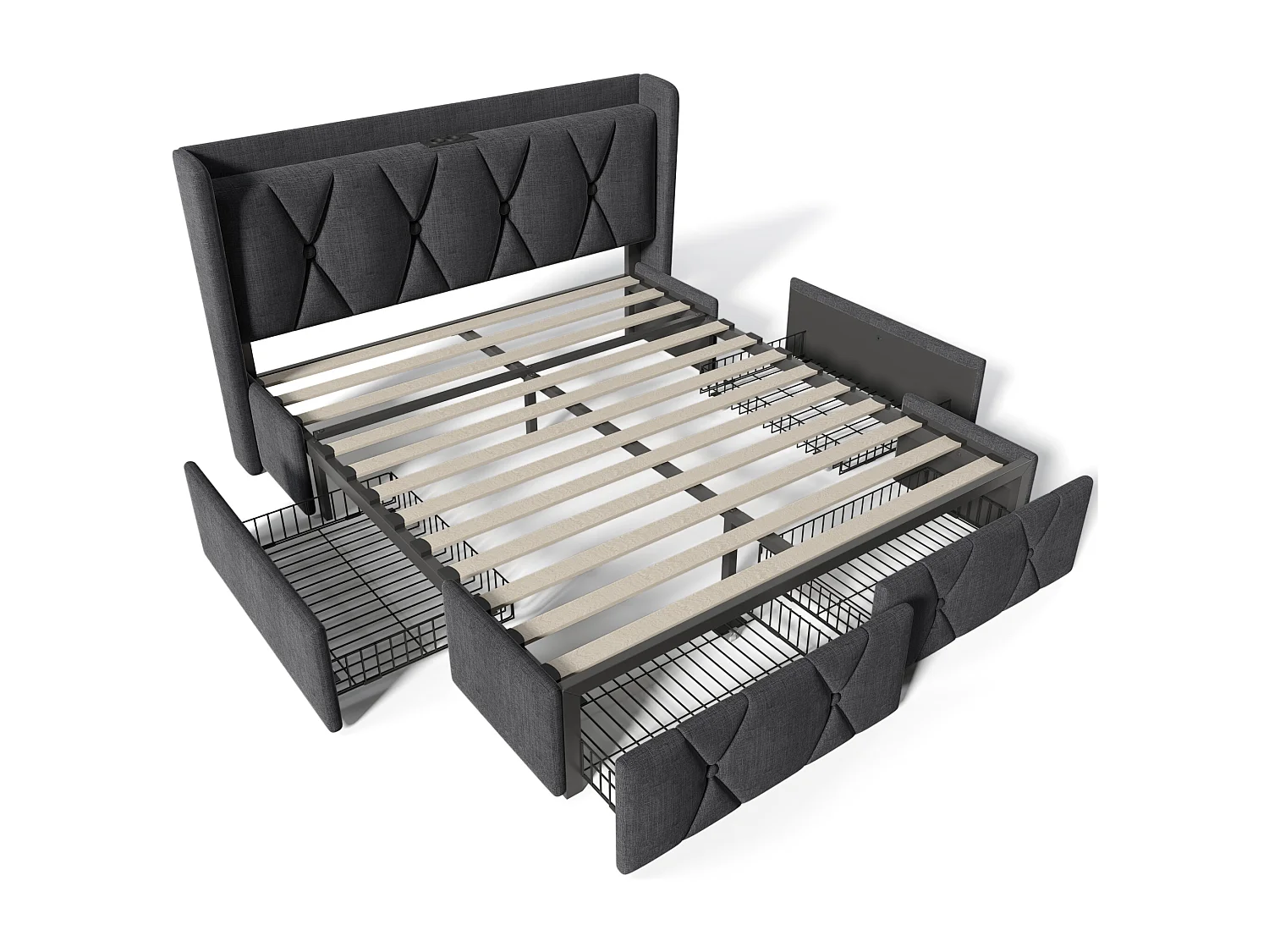 Lit double renbourré 140x200cm en lin avec 4 tiroirs et ports de recharge USB - sommier à lattes - Gris (matelas non inclus)