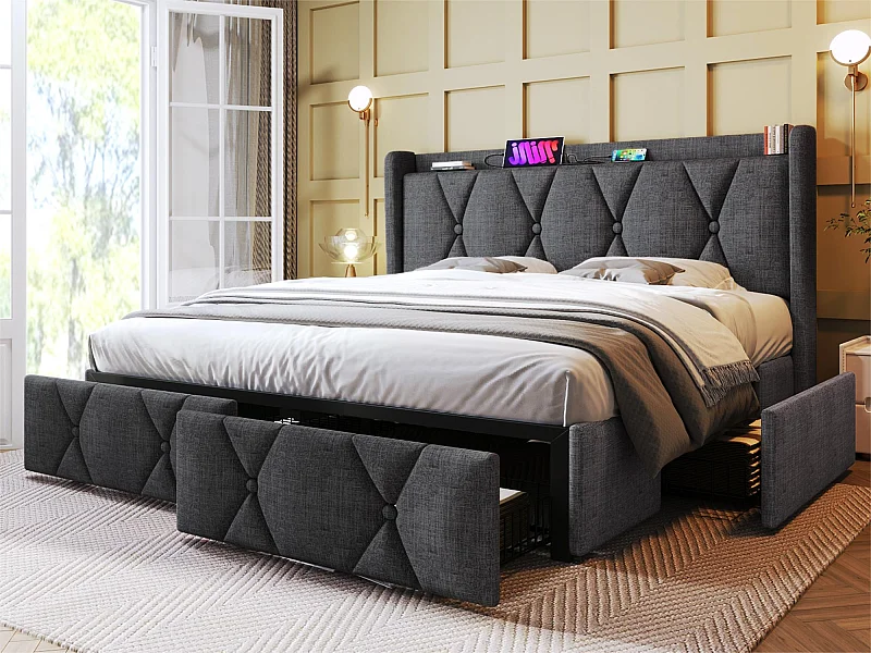 Gewatteerd linnen bed 140x200cm - met 4 laden en USB-oplaadpoorten - Grijs (matras niet inbegrepen)