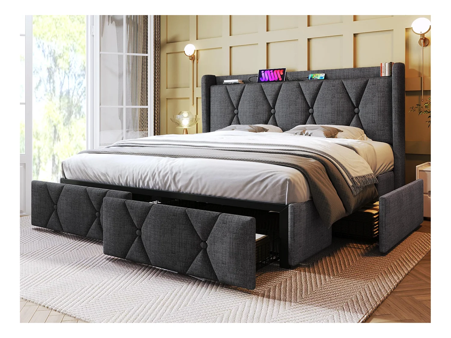 Lit double renbourré 160x200cm en lin avec 4 tiroirs et ports de recharge USB - sommier à lattes - Gris (matelas non inclus)