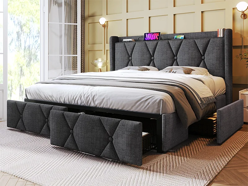 Lit double renbourré 160x200cm en lin avec 4 tiroirs et ports de recharge USB - sommier à lattes - Gris (matelas non inclus)