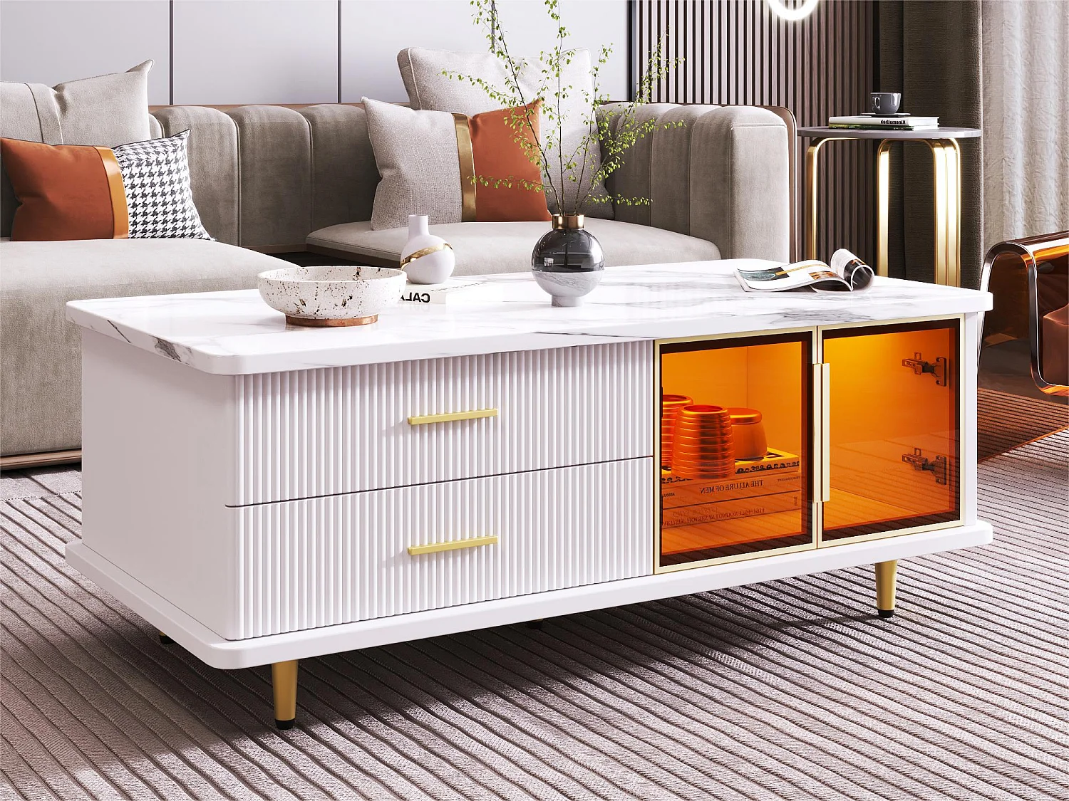 Tavolino scandinavo - 2 cassetti e 2 ante - LED integrato - impiallacciatura con motivo marmo - Bianco