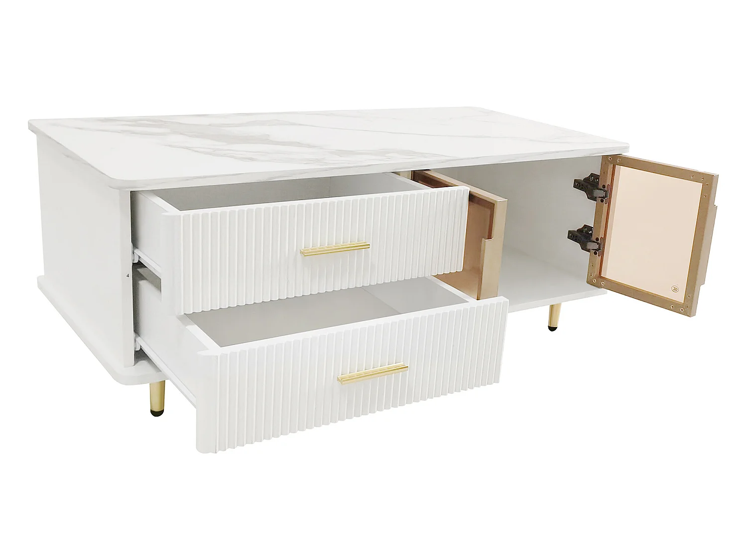 Tavolino scandinavo - 2 cassetti e 2 ante - LED integrato - impiallacciatura con motivo marmo - Bianco