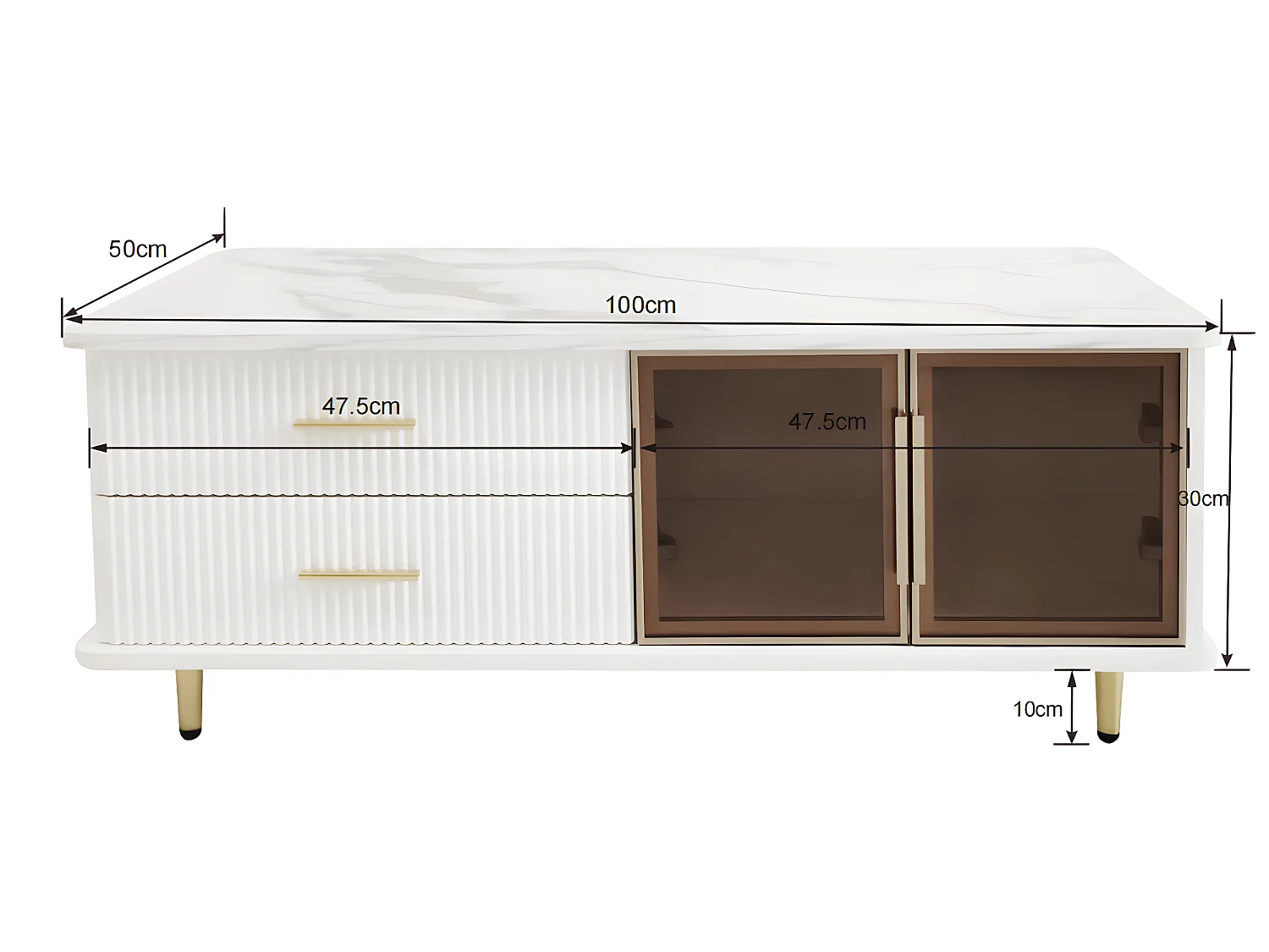 Tavolino scandinavo - 2 cassetti e 2 ante - LED integrato - impiallacciatura con motivo marmo - Bianco