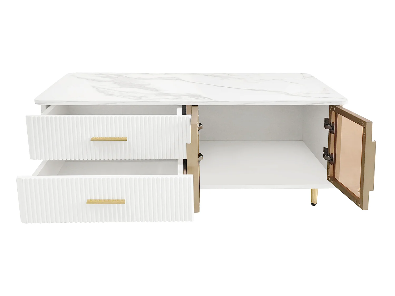 Tavolino scandinavo - 2 cassetti e 2 ante - LED integrato - impiallacciatura con motivo marmo - Bianco