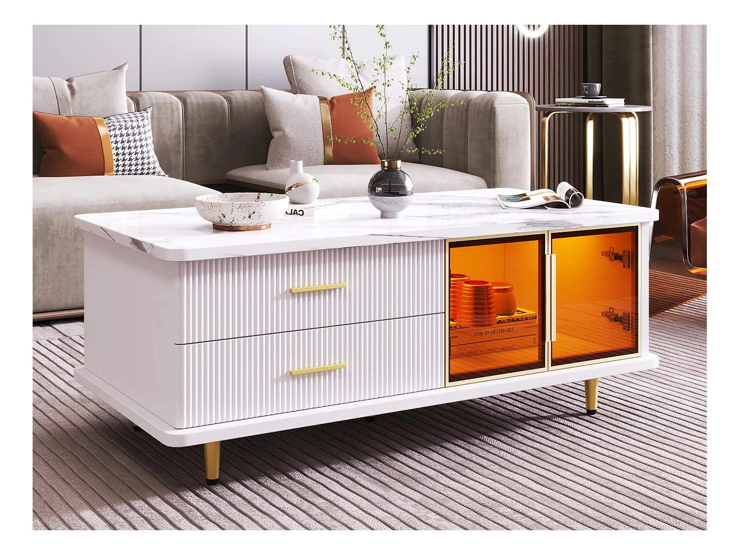 Table basse scandinave - 2 tiroirs et 2 porte - LED intégré - placage à motif en marbre - Blanc
