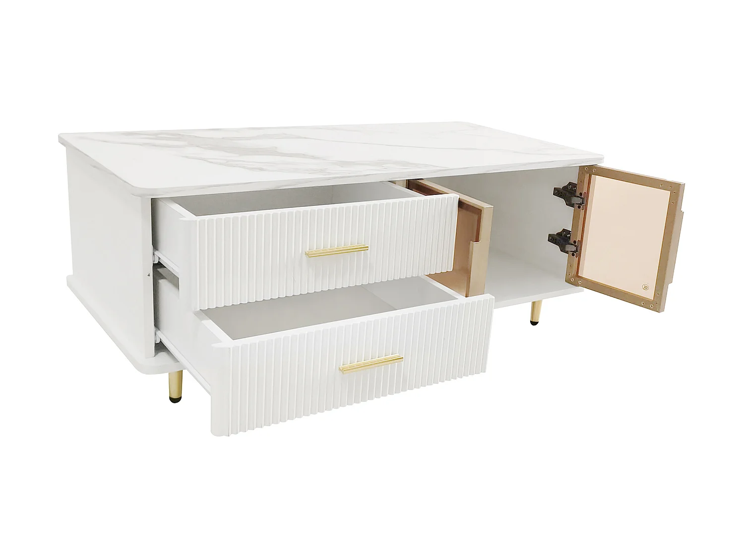 Mesa de centro escandinava - 2 cajones y 2 puertas - LED integrado - chapa de mármol - Blanco