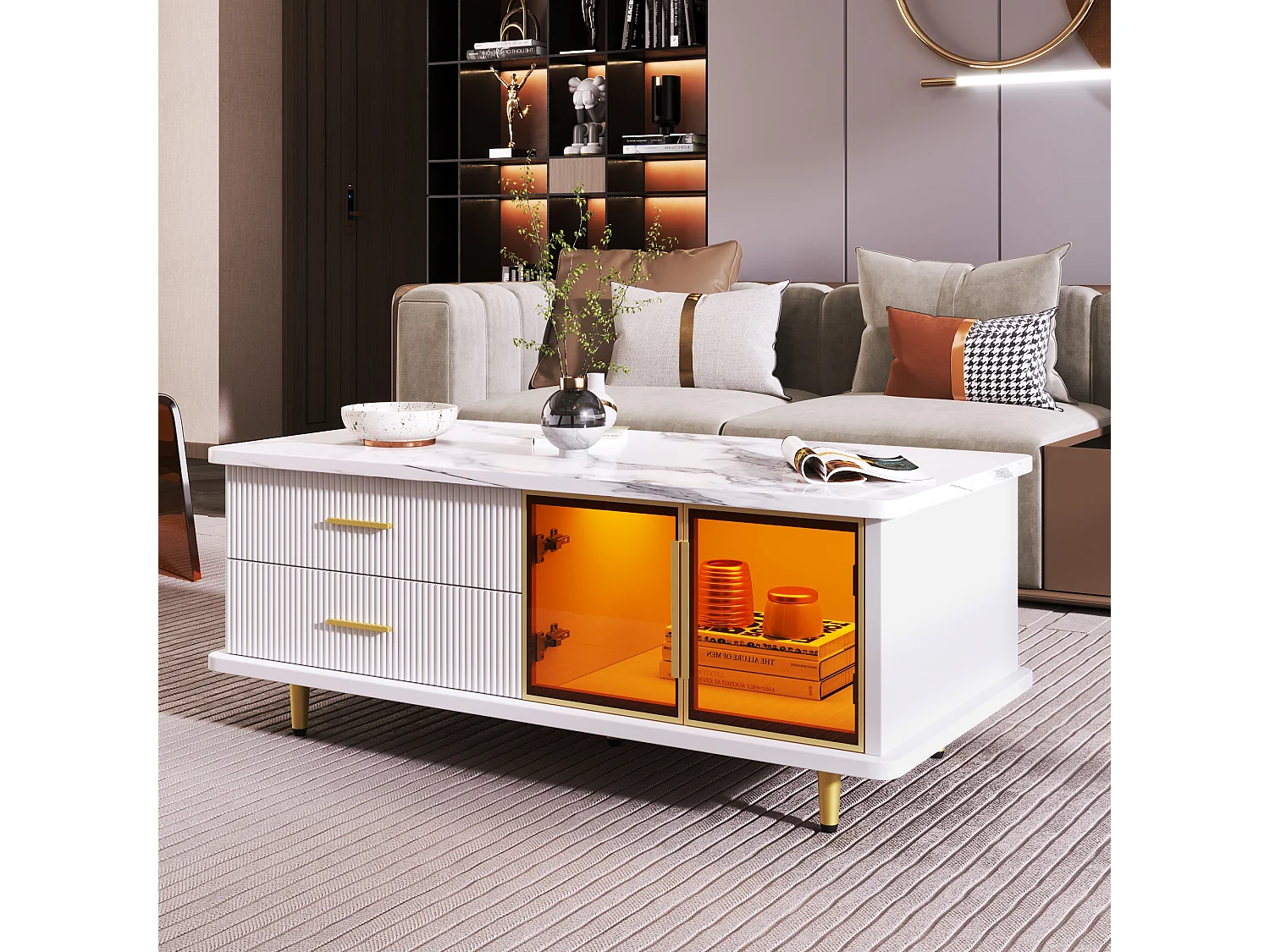 Skandinavischer Couchtisch – 2 Schubladen und 2 Türen – integrierte LED – Furnier mit Marmormuster – Weiß