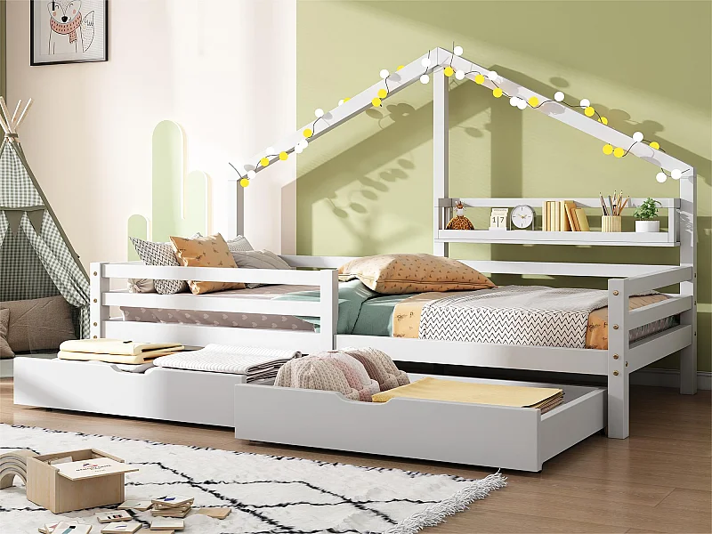 Letto cabina 90x200 cm in legno massello - con ripiani e 2 cassetti - Bianco