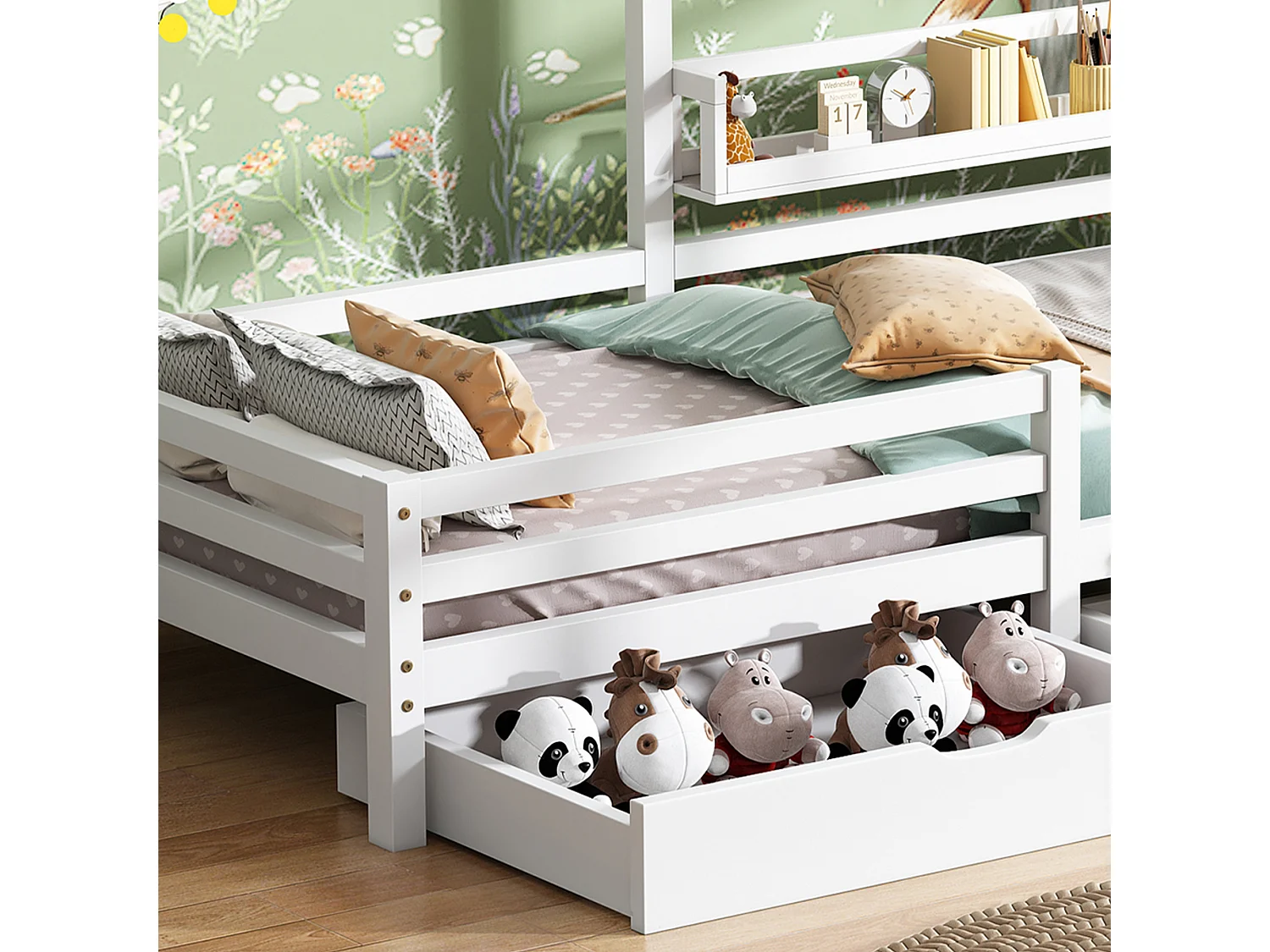 Hochbett 90x200cm aus Massivholz – mit Regalen und 2 Schubladen – Weiß